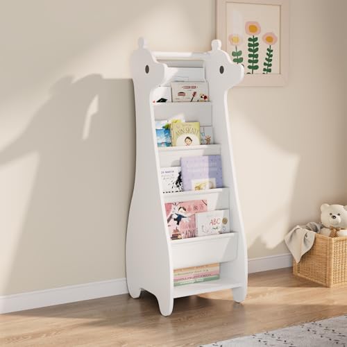 Image of Kids Bookshelf Deer Shape Toddler Montessori Bookcase 4 Layer Sling Book Rack Children Book Display Rack for Nursery, Kids Room, Playroom, Bedroom