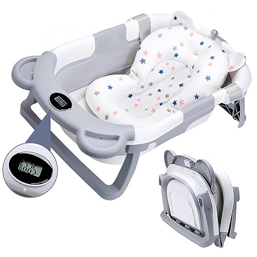 Image of YGLOLRAME Collapsible Baby Bath Tub with Soft Cushion & Thermometer Portable Travel Bathtub with Drain Hole Durable Newborn Bathtub for Infants to Toddler 0-36 Months