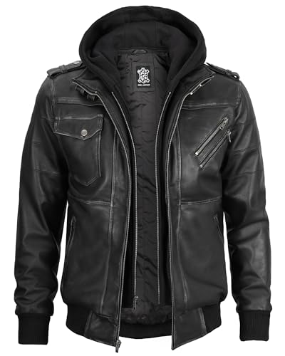 Image of Decrum Mens Leather Jacket - Detachable Hood Stylish Real Lambskin Leather Bomber Jacket Men