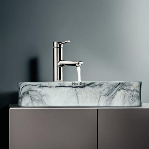 Image of Wash Basin Countertop | Tabletop Ceramic Bathroom Sink | Wash Basin Over Counter | (24 x 14 x 5 Inch) (Marble Beige Black)