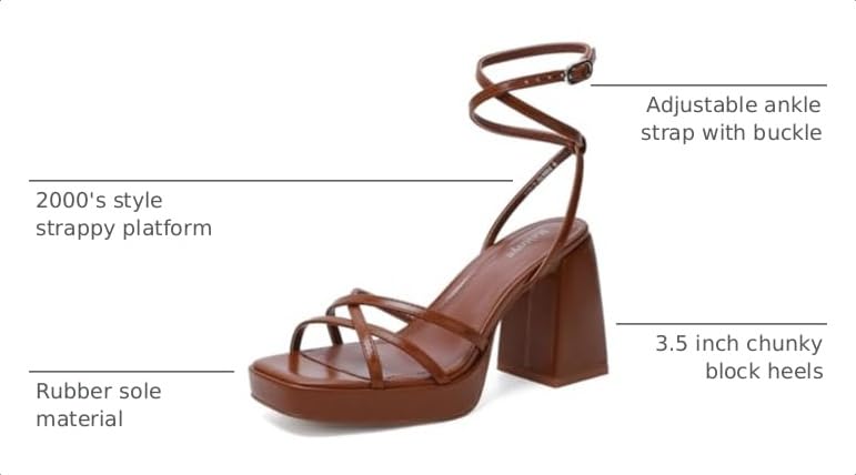 Image of Reitoye Strappy Platform Brown Heels for Women Ankle Strap Chunky Heel Square Open Toe Heeled Sandals for Party Wedding Prom Dress Size 8