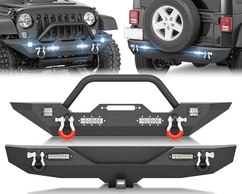Image of for JK Front and Rear Bumpers Compatible with 2007 2008 2009 2010 2011 2012 2013 2014 2015 2016 2017 2018 Jeep Wrangler JK JKU with Winch Plate, Bull Bar, LED Lights, 2 inch Hitch Receiver & D-rings