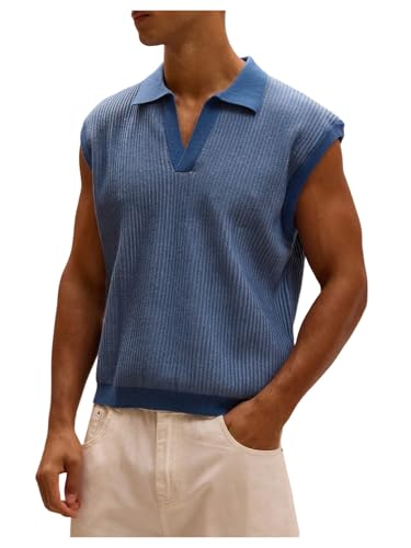 GORGLITTER Men's Striped Sweater Vest Sleeveless Knit Tank Tops Collar Pullover Knitwear