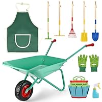 GOLDGE Schubkarre Kinder, 10 Stück Kinder Gartengeräte Set mit 5pcs Gartenwerkzeug Schaufel Set, Werkzeugtasche, Gießkanne, Schürze, Handschuhe, Perfekt Gartengeräte Schubkarre Spielzeug für Draußen
