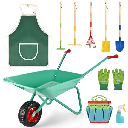 GOLDGE Schubkarre Kinder, 10 Stück Kinder Gartengeräte Set mit 5pcs Gartenwerkzeug Schaufel Set, Werkzeugtasche, Gießkanne, Schürze, Handschuhe, Perfekt Gartengeräte Schubkarre Spielzeug für Draußen