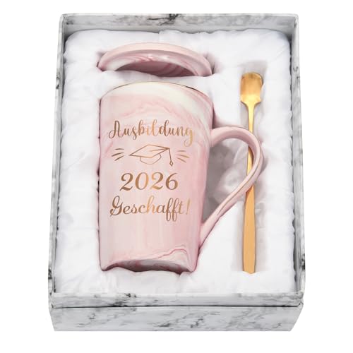 Diztoud Bestandene Prüfung Geschenk Kaffeetasse Ausbildung Prüfung Bestanden Geschenk Ausbildung 2026 Geschafft Schulabschluss 400ML Rosa Keramik Marmorbecher mit Deckel Löffel und Geschenkbox