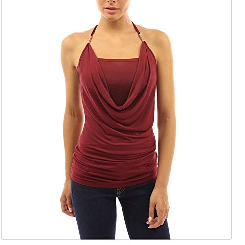 DUMAI-T-shirt Halter de la mujer Color sólido Halter Tube Topless Volver Plisado delgado Sexy Dos piezas Tops Camiseta camiseta (Color : Wine red color, Size : L)
