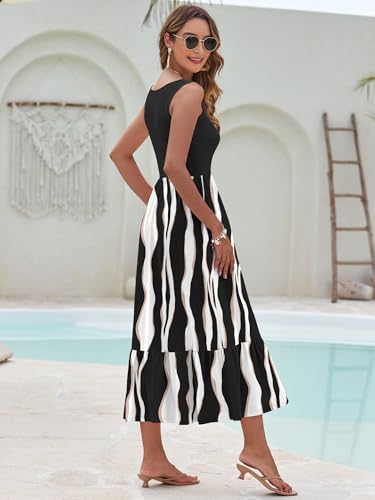Image of AUSELILY Womens Summer Maxi Dress Casual Sleeveless V Neck Floral Dresses | A line shape with practical side pockets, Vacation dress for resort walks, Pair with low heels and simple jewelry