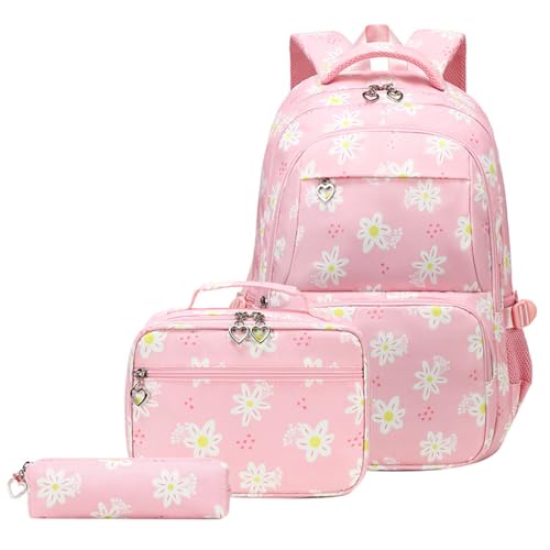 JiaYou Girls Flower Pattern Primary School Backpack Midlle School Laptop Bag 3Pcs Sets with Lunch Bag and pencil case(Pink-3Pcs,29 Liters)
