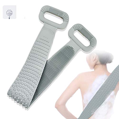 O'woda 76 cm Silikon Rückenschrubber für Bad, Double-Sided Badebürste mit Massage Teilchen, Extra Langer Körperbürste für Entfernen Abgestorbener Haut, Cellulite, Peeling Körper (Grau)