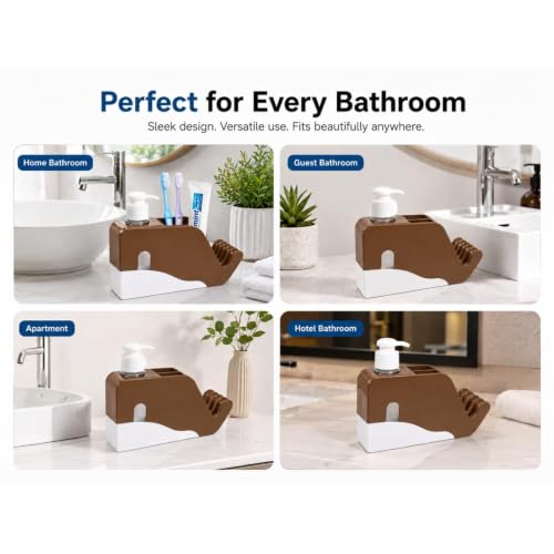 Image of FreshDcart 3-in-1 Soap Dispenser | Toothbrush Holder & Sink Organizer Stand | Multipurpose Bathroom and Kitchen Countertop Storage Caddy | Brown