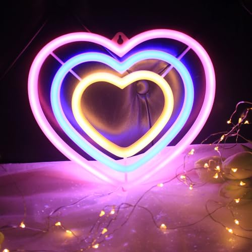 Image of Three-colour Heart Neon Signs for Wall Decor Colourful Led Neon Signs for Bedroom Wall Neon Lights for Home Party Wedding Bachelorette Parties Marriage Proposals Birthday Parties Christmas Decorations