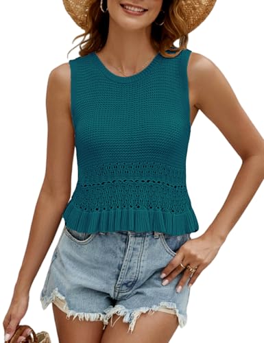 Image of CiCiBird Women Cute Crop Sweaters Vest Knit Sleeveless Pullover Tops Crochet Ruffle Hem Tank