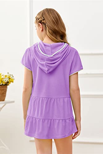 Image of Mafulus Girls Hooded Terry Coverups Swim Beach Zip Cover-Up Summer Short Sleeve Ruffle Dress