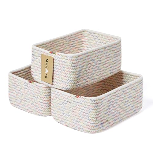 MiniArk Small Storage Baskets for Organizing | Closet Organizer Bins | Shelf Toy Basket | Woven Rope Baskets | Cube Decorative Box | Shallow Basket | 11.5x7.5x4.7” | 3 Packs Rainbow