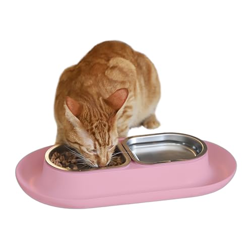 Hepper NomNom - Spill Proof Elevated Cat Bowls for Food and Water - Whisker Relief Bowl + Raised Cat Food Bowls: a Safe Dish for Messy Cats - Stainless Steel Bowl Station (Pink)
