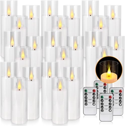 Image of YOROXRG Set of 24 Flickering Flameless Candles Battery Operated with Remote and 2 /4 /6 /8 H Timer Plexiglass Led Pillar Candles with Realistic Moving Wick Candles for Home Decor (D2.2 inchxH 5 inch6 inch7 inch)(White)