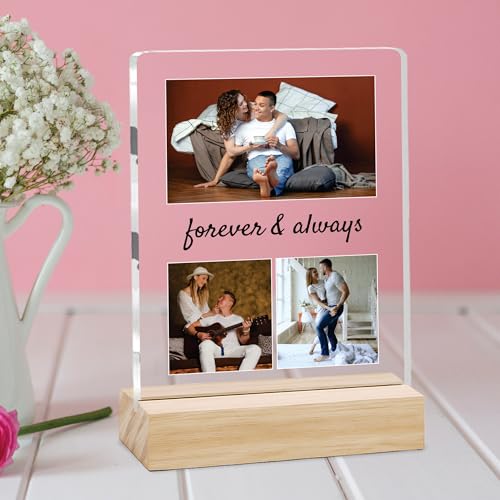 Image of Giftplease Customized Photo And Text Frame With Wooden Stand | Personalised Printed Photo Frame | Gift | Birthday | Anniversary (Transparent, 5MM, 6 * 8 Inches), Tabletop