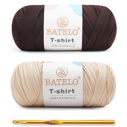 Image of 2 Pack T-Shirt Yarn for Beginner Crochet Bags /Basket /Coaster, 400g /144yds High Elastic Thick Polyester Fabric (Light Khaki+Coffee)