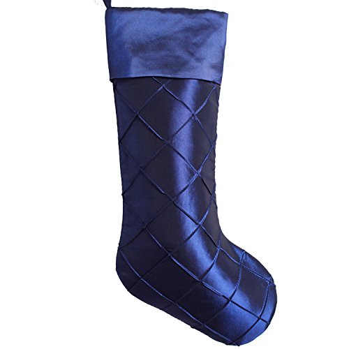 Gireshome Blue Handcraft Diamond Pintuck Body,Faux Silk Satin Cuff Christmas Stocking - 10"X18" #TOP8
