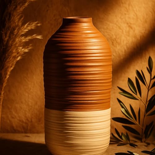 Image of Sphinx Decorative Ceramic Vase, Flower Vase, Pampas Grass Vase, Ceramic vase for Living Room,Ceramic vases for Home Decoration (Ribbed Cylindrical - 9 Inch