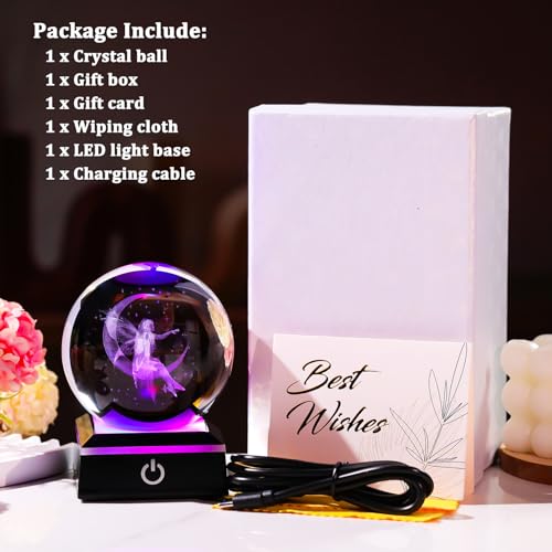 Image of Arikyrist 3D Crystal Ball Moon Fairy Figurine with Colorful LED Base, Fairy Gifts for Women Girls on Christmas Birthday, Fairy Statue Glass Globe Decorative Ball for Home Decor (80mm)