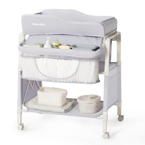 Image of Sweeby Portable Baby Changing Table, Foldable Diaper Changing Station with Waterproof Pad, Mobile Nursery Organizer for Infant & Newborn Essentials, Gray, Gen 2