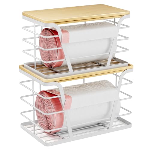 TIDIIABODE 2 Pack Stackable Laundry Room Organization and Storage, Laundry Room Decor and Accessories, Trash Bag Holder with Bamboo Top and Garbage Bag Dispenser, White