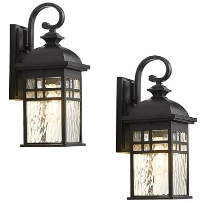 NAXTTII Outdoor Light Fixtures Black Aluminum Outside Wall Lantern with Water Ripple Glass Waterproof Wall Sconce Porch Lights for Patio Doorway 2-Pack E26 Socket