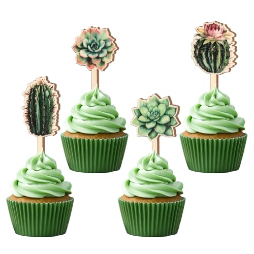 CORNER LACE 16 PCS Succulent Cupcake Toppers Wooden, Cactus Succulent Plants Cupcake Picks for Birthday Baby Shower Cake Decorations Bridal Shower Garden Summer Hawaiian Theme Party Supplies