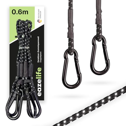 2er Set Spanngummis mit Karabiner 60 cm / 120 cm reflektierend robust belastbar sicher Schwarze Expander mit Karabinerhaken für Sonnensegel Outdoor Fahrrad & Auto (60 cm)