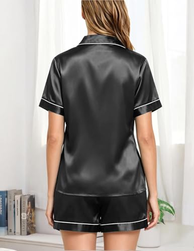 Image of Veseacky Women Satin Pajamas Set 2 Piece Button Down Short Sleeve Soft Sleepwear with Pockets