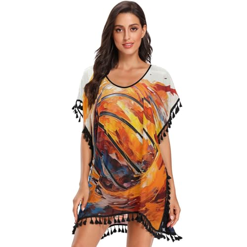 Fire Basketball Art Women's Beach Cover Up Chiffon Tassel Swimwear Swimsuit Coverups for Girl