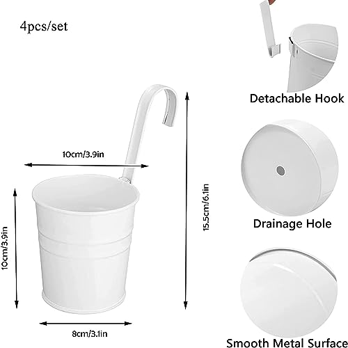 Wensmy 4PCS Metal Hanging Plant Flower Pots with Drainage Hole Fence Balcony Railing Planters Outdoor Garden Pots with Detachable Hooks (White) - Image 3