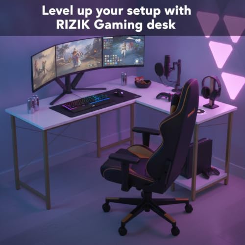 Image of RIZIK Store L-Shaped Computer Desk | 50-Inch Corner Gaming & Study Table with Engineered Wood Top, Metal Frame & CPU Shelf | Writing Workstation for Bedroom, Office & Small Rooms (White Gold)