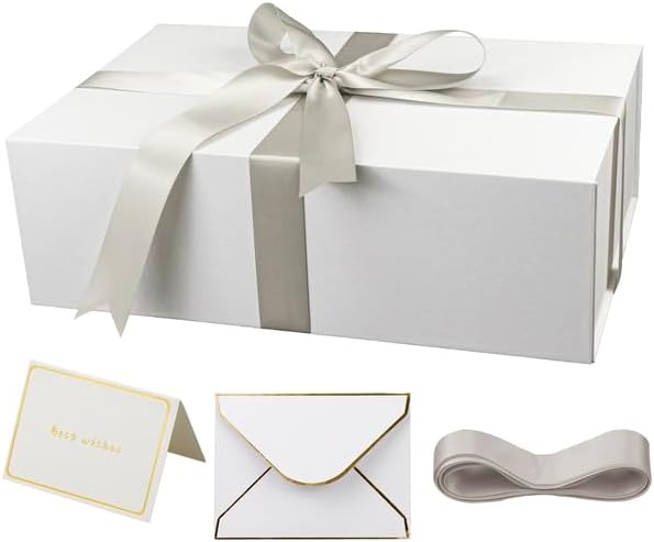 YINUOYOUJIA Large White Gift Boxes with Lid,14"x9"x4.5" Magnetic Gift Box with Ribbon,Cards and Envelopes for Presents,Great for Wedding,Birthdays,Crafting,Gift Packaging.