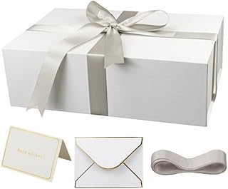 YINUOYOUJIA Large White Gift Boxes with Lid,14"x9"x4.5" Magnetic Gift Box with Ribbon,Cards and Envelopes