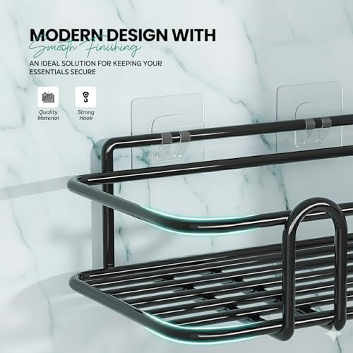Image of amazon basics Steel Bathroom Organiser Without Drill | Bathroom Corner Shelves | Washroom Storage Organizer | Shelf & Fittings | Wall Mounted Pack of 2