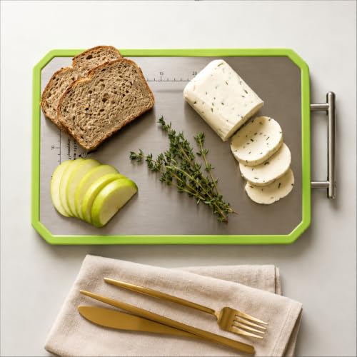 Image of E-COSMOS 2 in 1 Stainless Steel Cutting Board with Green Border and Handle, Measurement Scale Chopping Board for Vegetables, Fruits, Paneer and Meat, Easy-Clean Kitchen Prep Board, (34L X 21W)