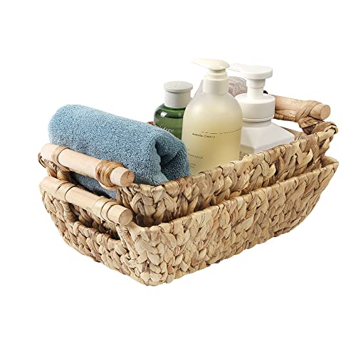HEOMU Wicker Baskets for Organizing, Small Wicker Storage Baskets, Decorative Hand Woven Baskets for Storage, Water Hyacinth Storage Baskets with Handles for Cabinets,Cupboards,Shelves, Set of 2
