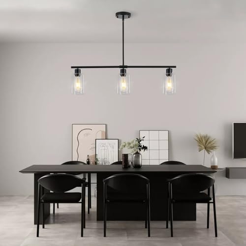 Webfkh Kitchen Island Lighting,3 Lights Farmhouse Linear Chandeliers For Dining Room,Hanging Rectangle Pendant Light Fixtures With Glass Shades,Black Island Lights For Kitchen Ceiling thumb #6