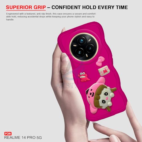Image of AESTMO Back Case Cover for Realme 14 Pro 5G | 3D Cute Fun Cartoon Characters | Anti Slip Grip Cute Wave Curly Frame Shape | Back Cover for Realme 14 Pro 5G (Red)
