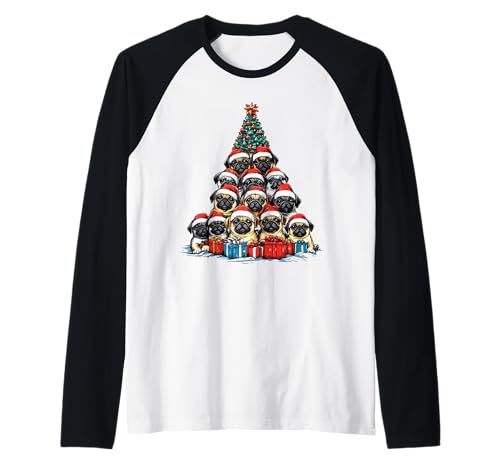 Pug Santa Hat Christmas Tree Funny Xmas Dog Lover Pajama Raglan Baseball Tee