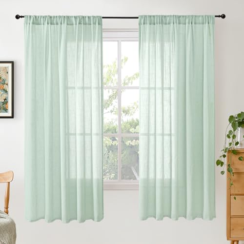 Image of BGment Sage Green Linen Semi Sheer Curtains for Living Room 63 Inch Length - Light Filtering Drapes for Bedroom Dining Natural Rustic Spring Decorative Rod Pocket Lightweight, 2 Panels, 52 X 63 Inch