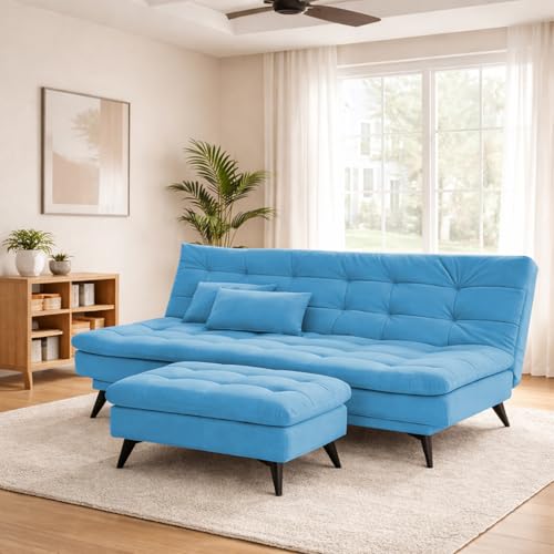 Image of Krancy Solid Wood 3 Seater Sofa Cum Bed with Ottomon | Convertible Wooden Couch for Living Room, Home & Office | Modern Designer Furniture | 1 Year Warranty | Aqua Blue Color
