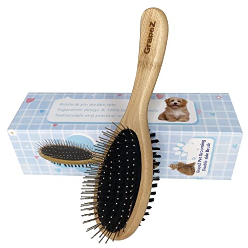GrapeZ Dog Cat Bamboo Double Sides Brush Bristle & Soft Round Pin For Long Short Hair Pet