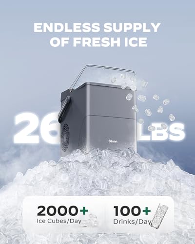 Image of Silonn Countertop Ice Maker with Expanding 2.5L Ice Basket, 26.5lbs /24H, 9 Cubes in 6 Mins, Self-Cleaning Ice Maker with LED Touch Control, 2 Bullet Ice Sizes for Home, Kitchen, Office, Grey