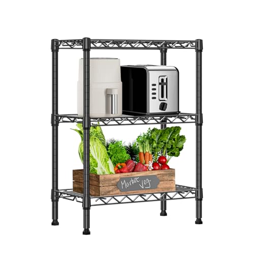 750 lbs 3 Tier Shelf Metal Storage Shelves Wire Rack Closet Organizers with PP Board for Garage Kitchen Bathroom Laundry Black 11.8" D x 21.7" W x 28.6" H