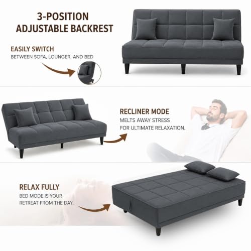 Image of Adorn India Alyssum 3 Seater Sofa Cum Bed 4X6 Velvet 2 Cushions (Color Grey) and Suitable for All Indoor, with 3 Years Warranty
