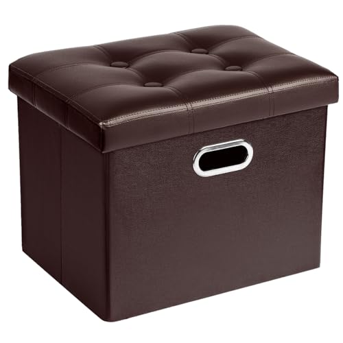 COSYLAND Puff Almacenaje 40L, Banco Almacenaje, Capacidad de Carga 200 kg, Tapizado PVC, Baúl para Dormitorio, Salón, Entrada, Juguetes, Organizador Multifuncional, Plegable, Café, 43x33x33cm
